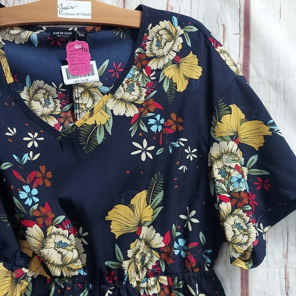 Elastic Waist Floral Print V Neck Blouse - Picture 3 of 11